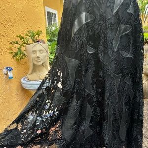 Vintage 80s Black Lace & Leather Midi Skirt M/L